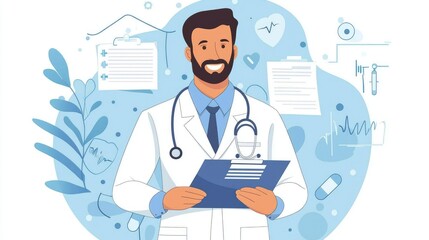A smiling doctor wearing a white coat and stethoscope, holding a clipboard, surrounded by medical symbols.