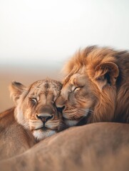 A lion and lioness sharing a tender moment, showcasing their love in the wild.