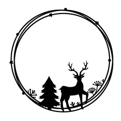 Christmas decorative frame with deer, black silhouette