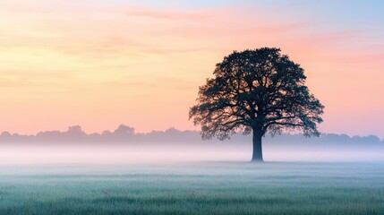 Obraz premium Single tree in a misty field during sunrise with colorful sky.
