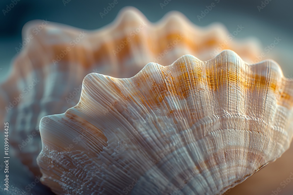 Poster a close-up view of a textured seashell, showcasing its intricate patterns and soft, natural colors a