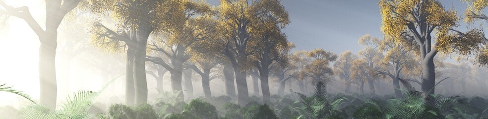 Autumn forest, autumn park, trees in fog and sun rays, 3d rendering