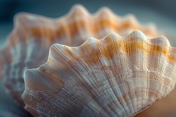 A close-up view of a textured seashell, showcasing its intricate patterns and soft, natural colors against a blurred background.