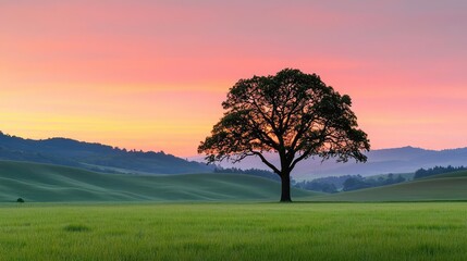 Obraz premium Lone tree silhouette against a colorful sunset in a green meadow.