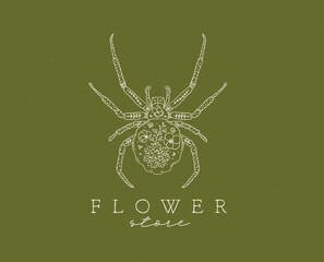 Spider label design lettering flower store drawing in floral style on green background