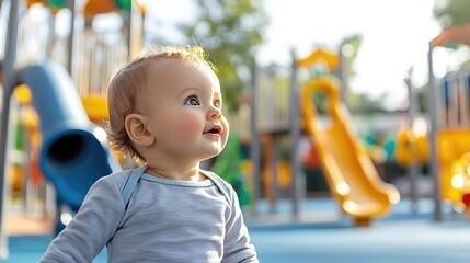 Happy baby exploring a vibrant playground, enjoying outdoor playtime.