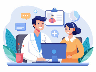 A cheerful doctor consulting with a patient in a modern clinic setting during daylight hours