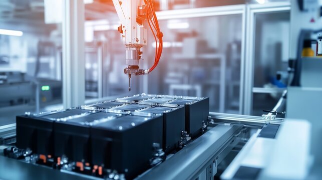 A high-tech robotic system conducting quality control of high-performance batteries in a clean, advanced battery lab, modern and precise environment with a focus on battery technology