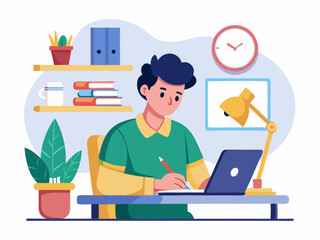 Focused student working intently on a laptop at a cozy study space with books and plants during a productive afternoon