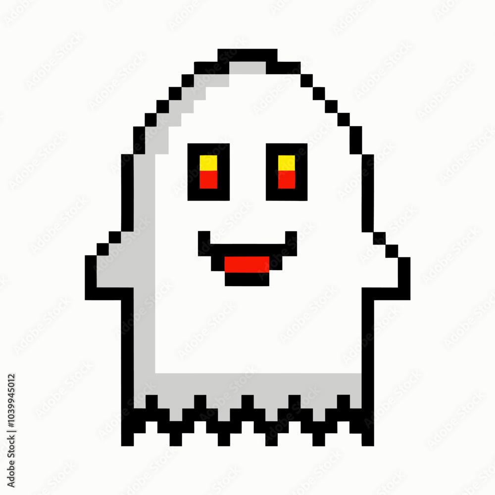 Poster pixel art ghost with red eyes and happy expression in retro video game style