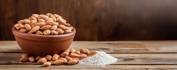 Bowl of almonds with almond flour on a wooden surface.