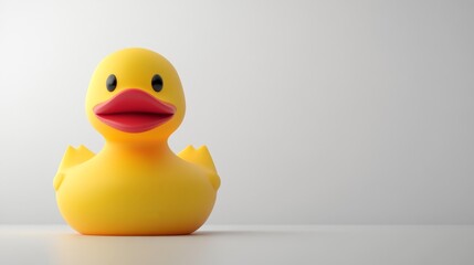 A yellow rubber duck sits on a white background.