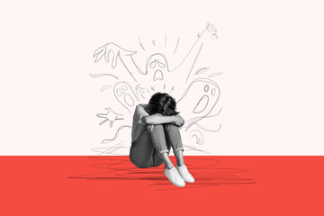 Composite trend artwork sketch image collage of monochrome miniature young lady sit down sad bad...