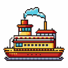 Obraz premium Retro Style Pixel Art Ship Illustration with Smoke from Chimney in Bright Colors