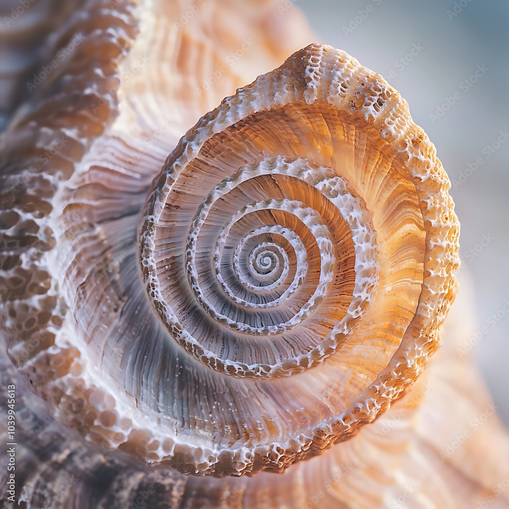 Poster a close-up view of a beautifully detailed, spiraled seashell showcasing intricate patterns and warm 