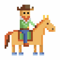 Obraz premium Pixel Art Cowboy on Horse with Hat and Beard Retro Digital Illustration