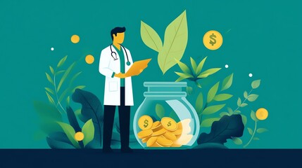 Sustainable investment growth, healthcare and food transformation guided by mentor, flat design illustration