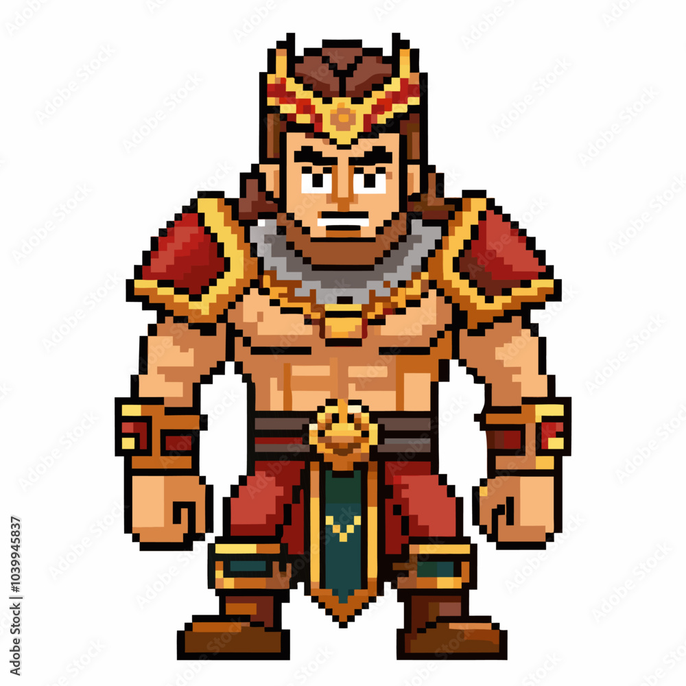 Poster pixel art warrior character in armor 8 bit retro game design