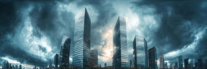Modern skyscrapers under dramatic stormy sky, urban landscape with dynamic lighting.