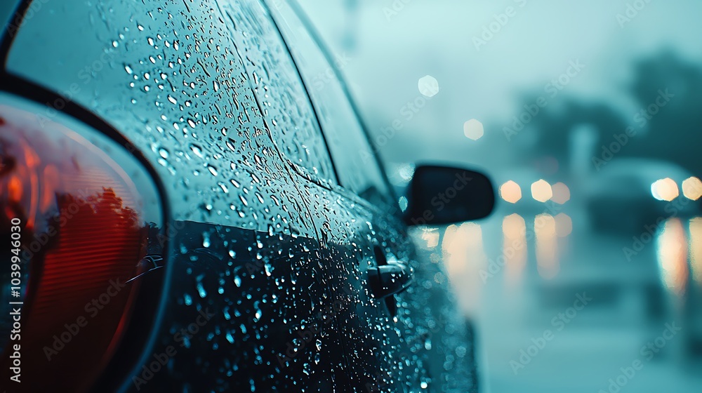 Poster A close-up view of a car window covered in raindrops, creating a visually stunning effect with blurred lights in the background during a rainy day.