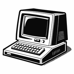 Retro Black and White Vector Graphic of a Vintage PC Computer Illustration