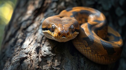Obraz premium A close-up of a colorful snake resting on a tree trunk.