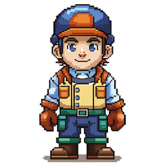 Fototapeta premium Pixel Art Craftsman Character in Colorful Workwear with Blue Hat