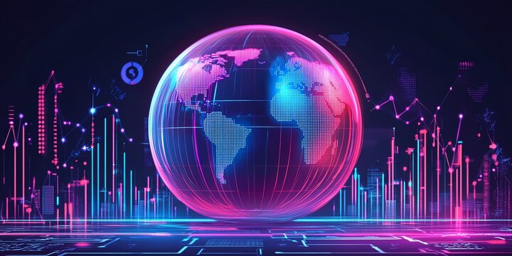 Global inflation trends affecting economy system, neon digital network, business activities, flat design illustration