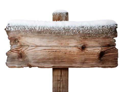 snow covered old wooden sign board 