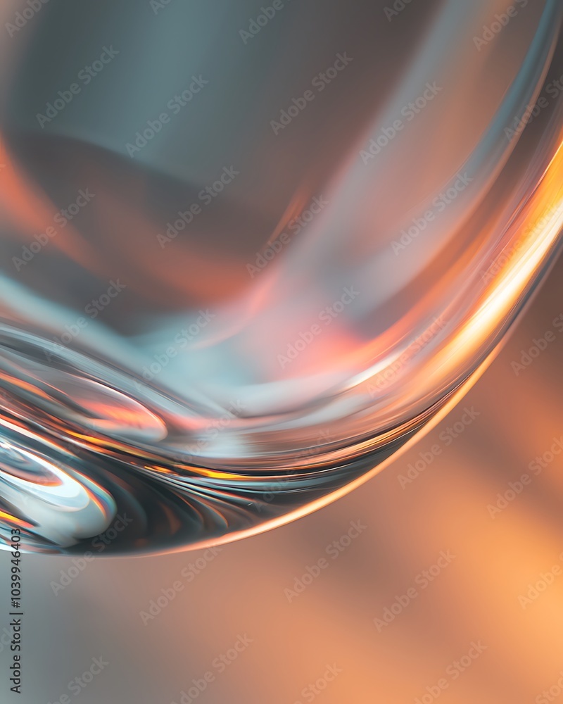 Poster a close-up of a transparent glass reflecting soft light, showcasing elegant curves and a smooth text
