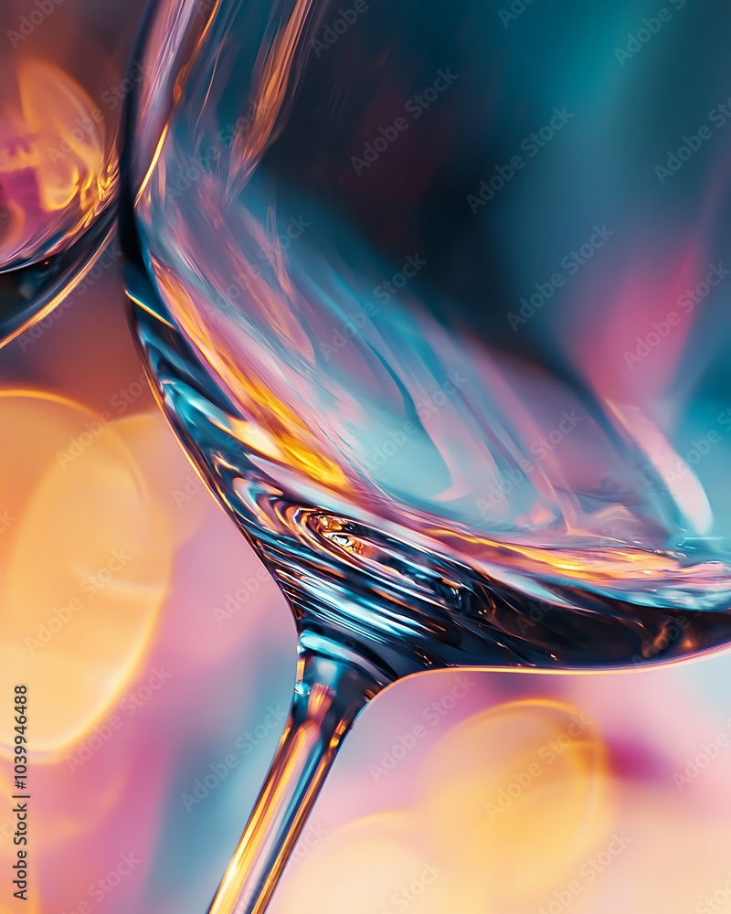 Poster a close-up of elegant glassware, showcasing colorful reflections and soft bokeh lights, creating an 