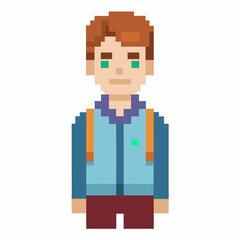 Pixel Art Character of a Young Man with Backpack for Games and Anime Concepts