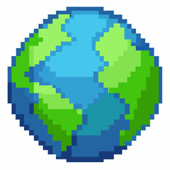 Fototapeta premium Pixel Art Earth Icon 8 bit Planet Illustration with Green Continents and Blue Oceans