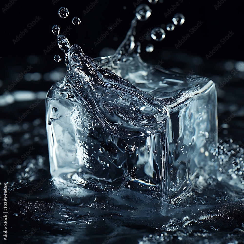 Poster a clear ice cube splashes into water, creating a dynamic scene of frozen crystal clarity and ripplin