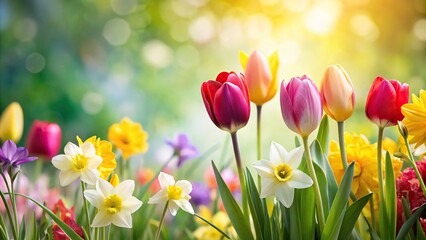 Close-up tulip daffodils and defocused colored flowers in spring garden with white background on the right