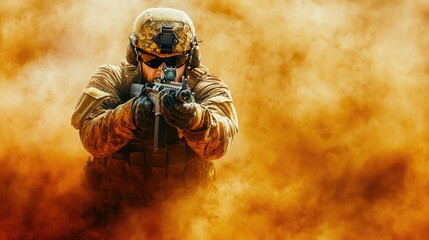 A soldier in camouflage gear and a helmet aims his rifle while standing in a cloud of orange smoke.