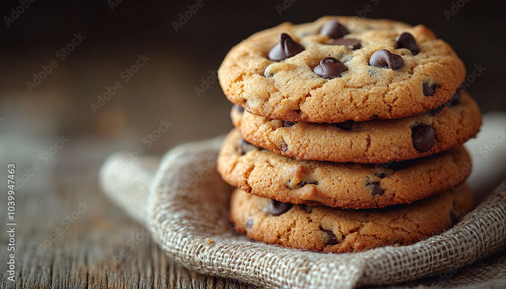 Poster chocolate chip cookie stack on rustic wooden table generated by ai