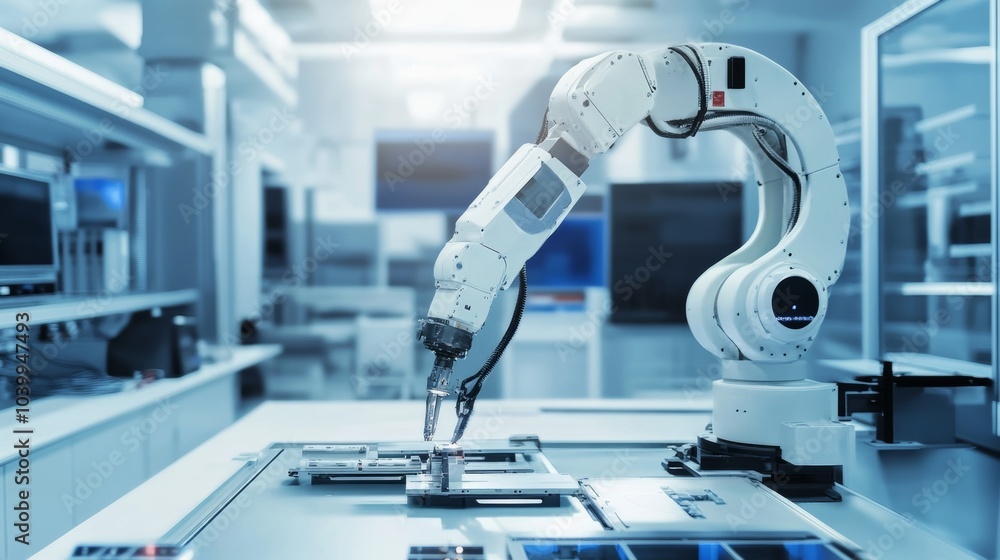 Poster A high-tech robotic system performing automated assembly of cutting-edge home automation systems in a clean, modern home automation lab
