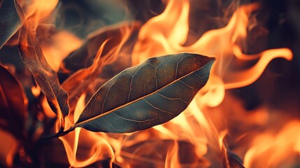 Vibrant flames engulf a solitary green leaf, creating a striking contrast between nature's delicacy and fire's fierce power in this captivating macro photograph.