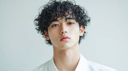Japanese man with curly hair in white clothes