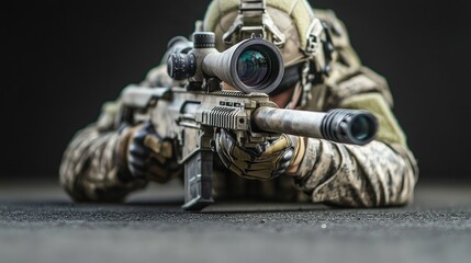 A soldier in camouflage gear is aiming a sniper rifle with a scope.