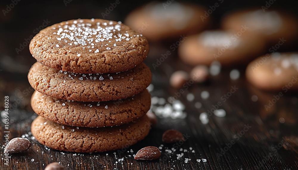Poster chocolate chip cookie stack on rustic wooden table generated by ai