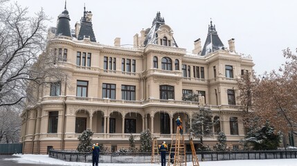 Obraz premium A team works on a Victorian house in St. Petersburg, laying tiles for winter protection against the snowy backdrop