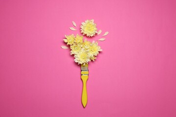 Beautiful flowers and paint brush on pink background, top view