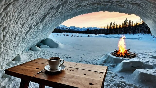 Igloo Escape: Coffee by the Campfire, seamless looping 4k animation video background