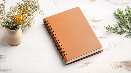 Fototapeta premium Discover the charm of an elegant leather notebook showcased alongside fresh flowers and greenery perfect for capturing your thoughts and ideas