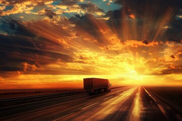 Truck on the highway at sunset, photorealistic cargo transportation scene