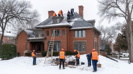 A team works on a Victorian house in St. Petersburg, laying tiles for winter protection against the snowy backdrop