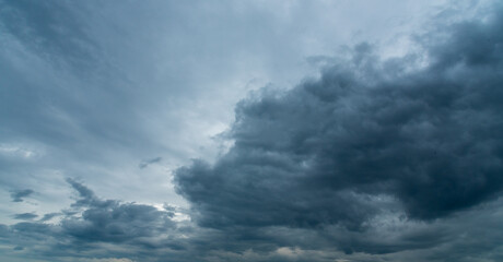 Dramatic dark storm thundercloud rain clouds on black sky background. Dark thunderstorm clouds rainny landscape. Meteorology danger windstorm disaster climate. Dark cloudscape storm disaster gray sky