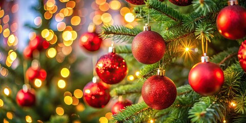 Obraz premium Close-up view of a festively decorated Christmas tree with bright red balls and selective focus depth of field